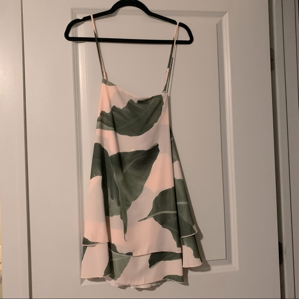 Mini Dress with Palm Tree Pattern, Spaghetti Strap with Crossback